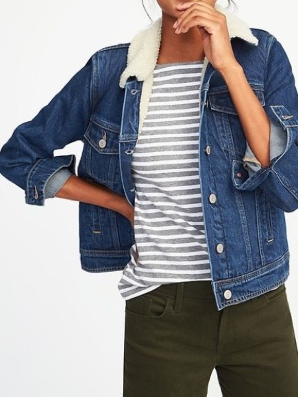 Old Navy Blue Denim Jacket with Cream Sherpa Collar